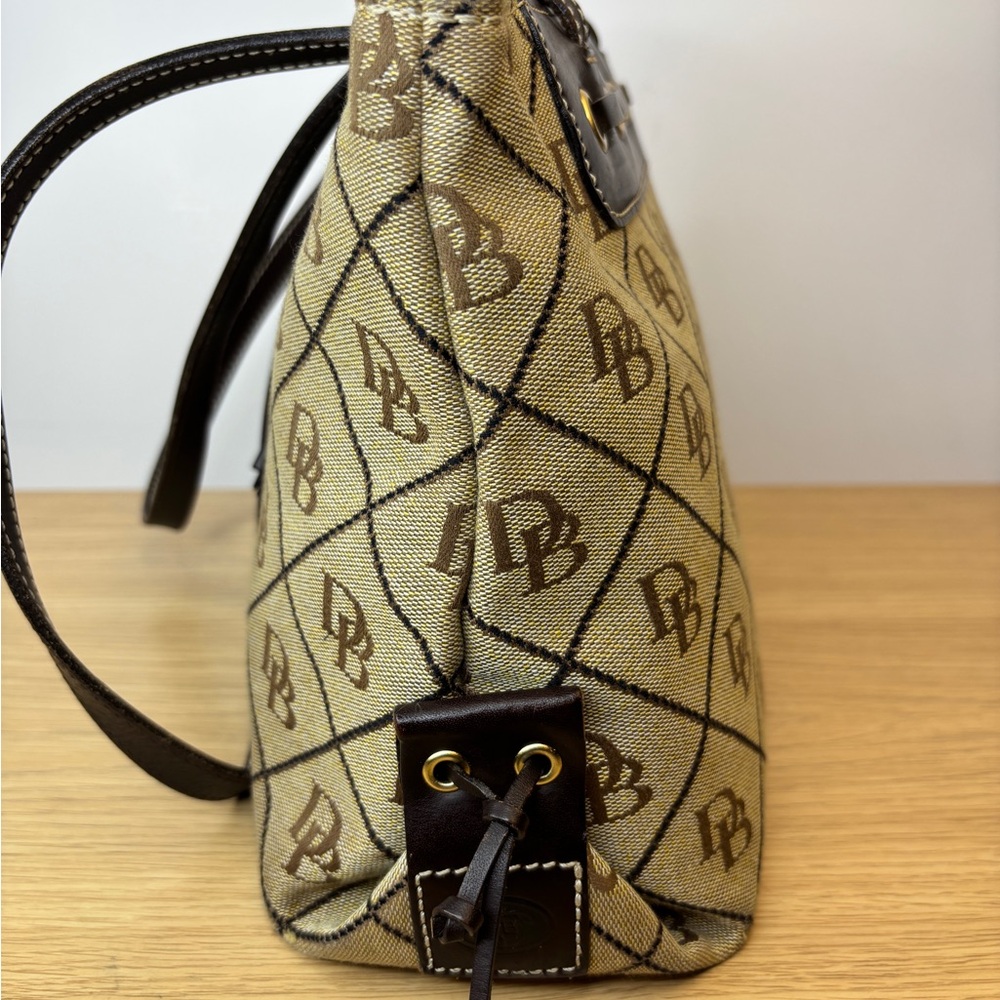 Dooney & Bourke Monogram Canvas Shoulder Bag Brown Leather Trim Tassel Beige - Picture 4 of 16